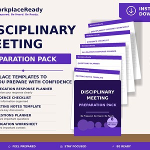 Op de afbeelding: Een digitaal voorbereidingspakket voor disciplinaire vergaderingen met een stapel witte werkbladen met paarse koppen. De tekst luidt WorkplaceReady, Disciplinary Meeting Preparation Pack, en bevat sjablonen zoals een planner voor reacties op beschuldigingen, een bewijschecklist, een sjabloon voor notulen, een vragenplanner en een werkblad voor verzachtende omstandigheden.