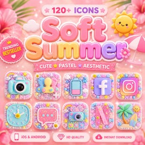 May include: A digital collection of 120+ Soft Summer icons featuring pastel colors and 3D-style graphics. The set includes app icons for camera, contacts, battery, social media, clock, messaging, and palm trees, all decorated with small beads and charms.