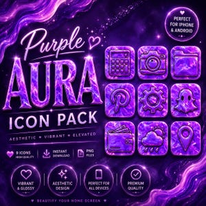 May include: A digital icon pack featuring nine purple marble-textured app icons including a calculator, camera, folder, Pinterest logo, gear, ghost, wallet, weather, and location pin, with text reading Purple Aura Icon Pack and other details.