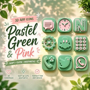 Könnte beinhalten: Eine Sammlung von 3D-App-Symbolen in Pastellgrün und Rosa. Die Symbole zeigen eine Uhr, eine Sprechblase, ein Zahnrad, einen Geist, ein Telefon, einen Vogel, eine Tastatur, den Buchstaben N und ein WhatsApp-Symbol. Der Text auf dem Bild lautet "Pastel Green & Pink".
