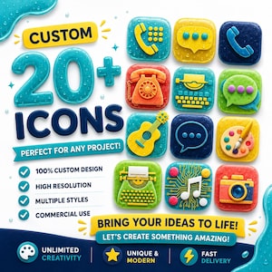 May include: A digital graphic featuring the text CUSTOM 20+ ICONS, PERFECT FOR ANY PROJECT!, 100% CUSTOM DESIGN, HIGH RESOLUTION, MULTIPLE STYLES, COMMERCIAL USE, BRING YOUR IDEAS TO LIFE!, LET'S CREATE SOMETHING AMAZING!, UNLIMITED CREATIVITY, UNIQUE & MODERN, FAST DELIVERY, and a grid of colorful, textured app icons including a telephone, typewriter, guitar, paint palette, and camera.