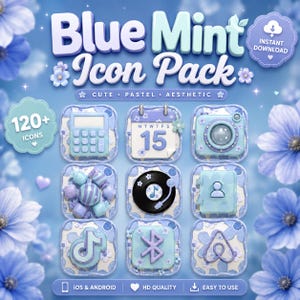 Op de afbeelding: Een digitaal iconenpakket genaamd "Blue Mint Icon Pack" met meer dan 120 iconen. De iconen hebben een schattig, pastel en esthetisch ontwerp, met een rekenmachine, kalender, camera, snoep, plaat, contact, TikTok, Bluetooth en Airbnb symbolen. Het ontwerp is blauw en mint.