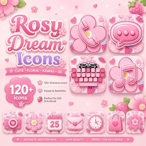 May include: A digital collection of pink app icons titled Rosy Dream Icons, featuring 3D floral and strawberry motifs. The set includes various symbols like a telephone, speech bubble, typewriter, music note, camera, calendar, and clock.