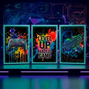 Gamer Wall Art Set of 3, Neon Watercolor Gaming Posters, Video Game Room Decor, Boys Bedroom Printable, Level Up Quote, Controller Print