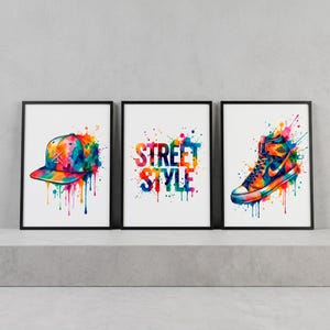 Ensemble de 3 affiches murales streetwear, poster de baskets, décoration de chambre hypebeast, impression graffiti aquarelle, décoration de chambre d'adolescent, affiche imprimable style urbain