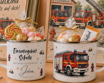 Personalized Enamel Mug for First Day of School | Back-to-School Gift with Name | Firefighter Schoolchild Mug | Car | Children | First Day of School
