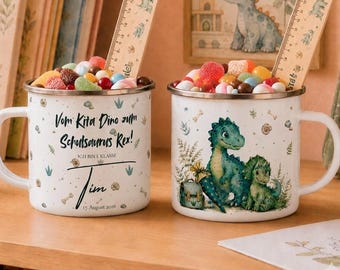Personalized Enamel Mug for First Day of School | Back-to-School Gift with Name | Dinosaur Schoolchild Mug | Starting School | Children's First Day of School