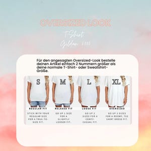 May include: A sizing guide for a white t-shirt featuring four figures wearing sizes S, M, L, and XL. Text includes 'OVERSIZED LOOK', 'T-Shirt Gildan 5000', and instructions for achieving regular, relaxed, loose, and oversized fits by adjusting size selection.