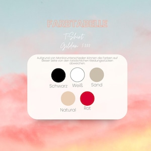 May include: A color chart for Gildan 5000 t-shirts featuring five circular swatches in black, white, sand, natural, and red. The text reads FARBTABELLE, T-Shirt, Gildan 5000, and a disclaimer about monitor color variations in German.
