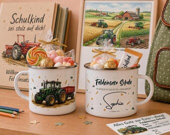Personalized Enamel Mug for First Day of School | Back-to-School Gift with Name | Tractor Schoolchild Mug | Fieldwork | Children | First Day of School