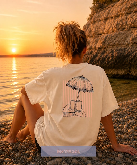 Book Lover T-Shirt Damen, Apricot Streifen Shirt, Sommer Strand Shirt, Mediterranean Beach Aesthetic, Urlaub Outfit Damen, Sonnenschirm