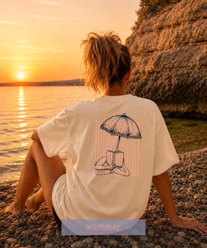 Book Lover T-Shirt for Women, Apricot Striped Shirt, Summer Beach Shirt, Mediterranean Beach Aesthetic, Women's Holiday Outfit, Parasol Natural