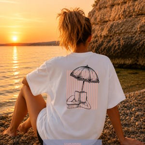 Book Lover T-Shirt for Women, Apricot Striped Shirt, Summer Beach Shirt, Mediterranean Beach Aesthetic, Women's Holiday Outfit, Parasol White