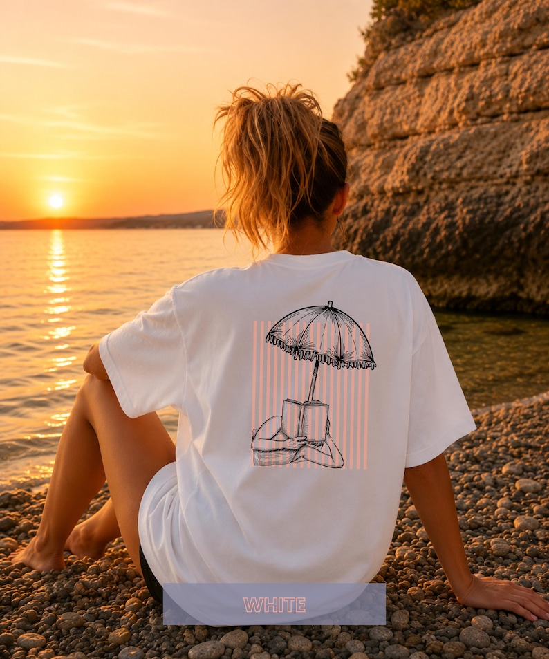 Book Lover T-Shirt for Women, Apricot Striped Shirt, Summer Beach Shirt, Mediterranean Beach Aesthetic, Women's Holiday Outfit, Parasol White