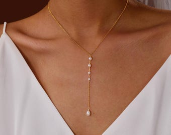 Minimalist Pearl Lariat Necklace, Bridal Pearl Drop Necklace, Wedding Jewelry for Bride