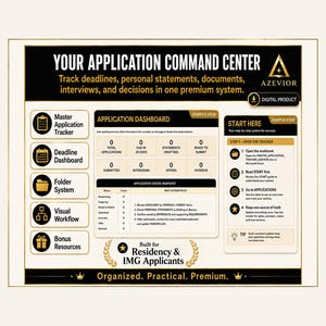 May include: A digital product dashboard titled Your Application Command Center for residency and IMG applicants. It features an application tracker, deadline dashboard, folder system, visual workflow, and bonus resources with a gold and black theme.