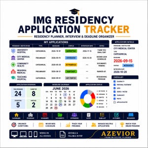 May include: A digital IMG Residency Application Tracker planner featuring a dashboard with application tables, a June 2026 calendar, status charts, and a checklist. The layout includes sections for programme details, deadlines, and progress tracking for medical residency.