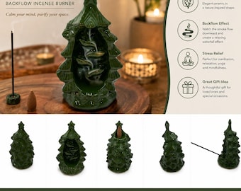 Green Tree Backflow Incense Burner, Ceramic Waterfall Incense Holder for Cones & Sticks
