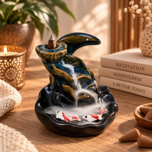 May include: A ceramic backflow incense burner featuring a dark blue and green glazed finish. The structure includes a lotus-shaped top holding a cone, with smoke cascading down into a basin containing two small white and red koi fish figurines.
