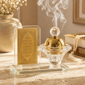 Pode incluir: Um queimador de incenso de metal dourado com um topo de esfera de cristal e base de vidro transparente, colocado num suporte retangular de vidro ao lado de uma placa acrílica vertical com uma placa dourada gravada com caligrafia árabe.