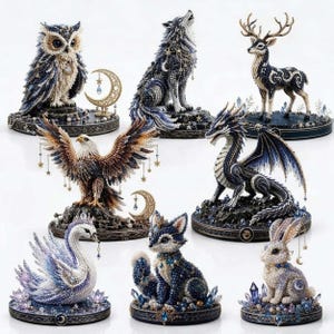May include: A collection of seven animal figurines including an owl, wolf, deer, eagle, dragon, swan, fox, and rabbit. Each creature is intricately decorated with small beads in shades of blue, white, and gold, mounted on circular bases.