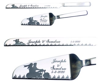 Aaron's Limited Biker Motorcycle Couple,  Wedding Cake Knife and Server with Names and Date FREE