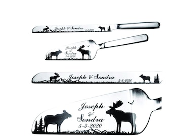 Aaron's Limited Moose Couple,  Wedding Cake Knife and Server with Names and Date FREE