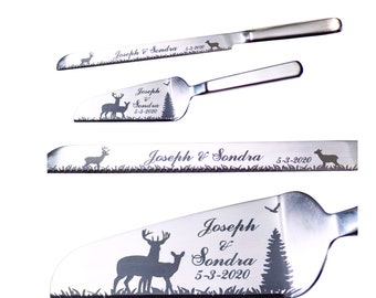 Buck and Doe Deer couple Wedding Cake Knife and Server with Names and Date FREE