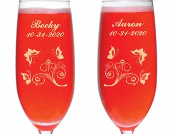 Custom Design  wedding toasting flute glasses, Name & Date added FREE