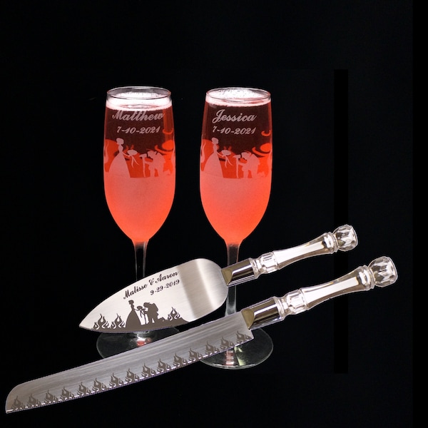 Flaming Fireman Wedding Cake Knife and Server & Champagne glass flute set with Names and Date FREE