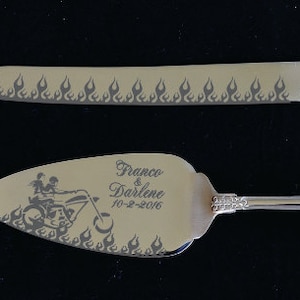 Flaming Motorcycle Biker Wedding Cake Knife and Server with Names and Date FREE