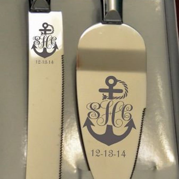Anchor Monogram theme Wedding Cake Knife and Server with Names and Date FREE