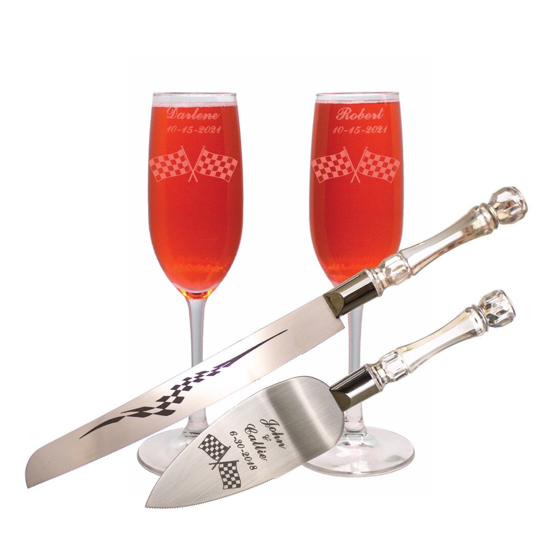 Racing Checker Flag Wedding Cake Knife and Server & Champagne Glass