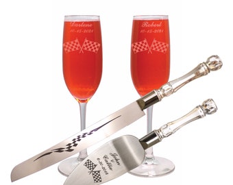 Racing Checker Flag Wedding Cake Knife and Server & Champagne glass flute set with Names and Date FREE