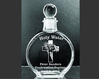 Personalized Elegant Catholic Jesus Baptism Holy Water Etched 6 oz. Glass  Bottle