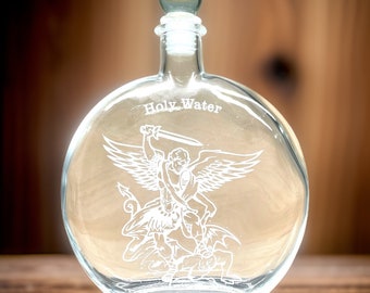 Personalized Elegant Saint Michael the Archange Holy Water 16 oz. Etched Glass Bottle