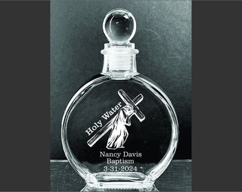 Personalized Elegant Catholic Christ Baptism Holy Water Etched  6 oz. Glass  Bottle
