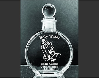 Personalized Elegant Praying hands Baptism Holy Water Etched  6 oz. Glass  Bottle