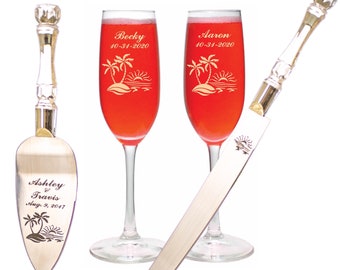 Island Beach Wedding Cake Knife and Server & Champagne glass flute set with Names and Date FREE