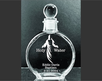 Personalized Elegant Catholic Jesus  Holy Water Etched  6 oz.  Etched Glass  Bottle