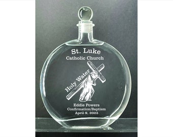 Personalized Elegant Jesus Cross Holy Water Etched Large 16 oz. Glass  Bottle