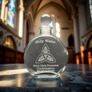 Personalized Elegant Catholic Trinity Holy Water Etched  6 oz. Glass  Bottle