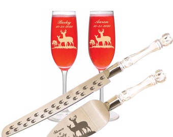 Deer Couple Wedding Cake Knife and Server & Champagne glass flute set with Names and Date FREE