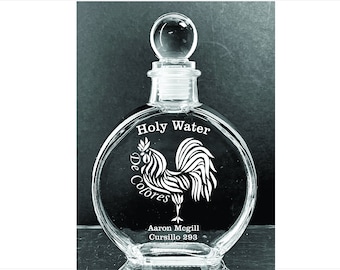 Personalized Elegant Catholic Cursillo Holy Water Etched  6 oz. Glass  Bottle