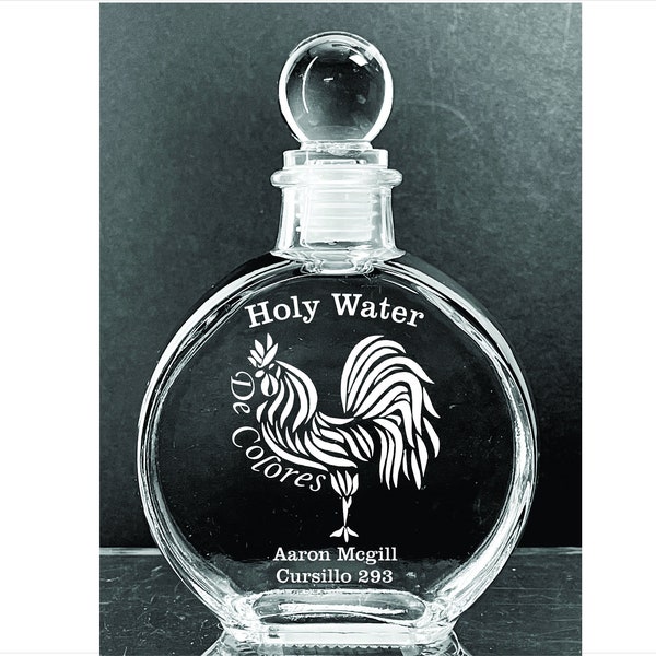 Personalized Elegant Catholic Cursillo Holy Water Etched  6 oz. Glass  Bottle