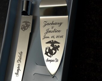 Marine Wedding Cake Knife and Server with Names and Date FREE