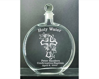 Personalized Elegant  Holy Water Etched 16 oz. Glass  Bottle