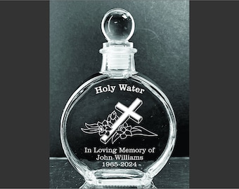 6 oz. Personalized Elegant Cross Memorial Holy Water Etched Glass  Bottle