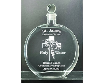 Personalized Elegant Jesus Passion Cross Holy Water Etched Large 16 oz. Etched Glass  Bottle