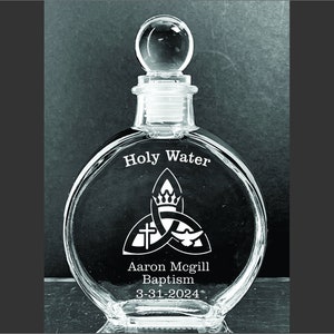 Personalized Elegant Catholic Trinity Holy Water Etched  6 oz. Glass  Bottle